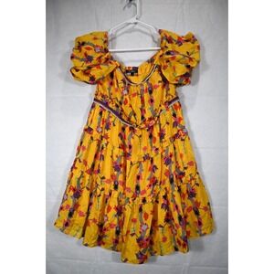 Givh Shyh Yellow Floral Dress Womens Size 8 Puff Sleeve Ruffle Boho Cottagecore